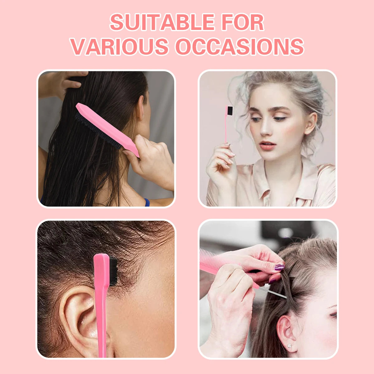 A set of four hair styling tools including a pink boar bristle brush and a metal tail comb shown in various usage contexts.