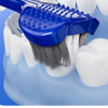 A blue U-shaped 3D toothbrush with gray bristles is shown cleaning a white tooth.