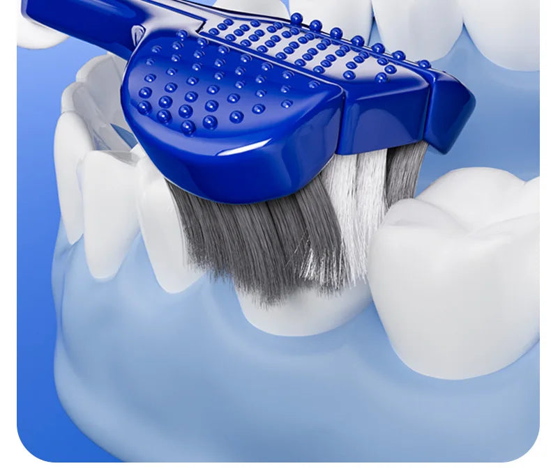 A blue U-shaped 3D toothbrush with gray bristles is shown cleaning a white tooth.
