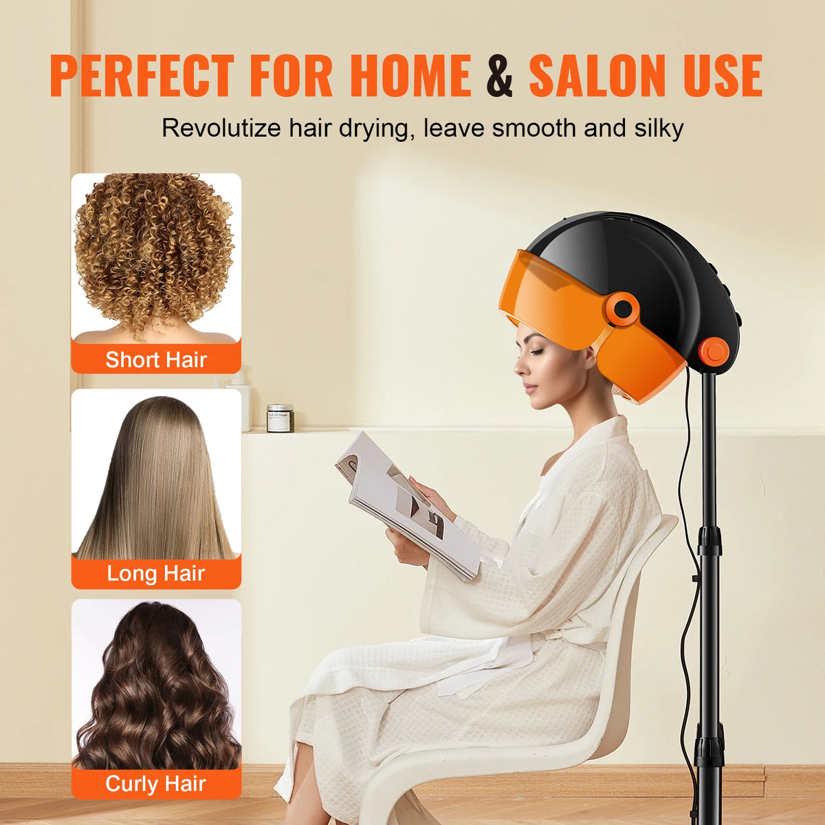 An ionic hooded hair dryer is shown in use on a woman's head, demonstrating its use for short, long, and curly hair.
