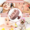 A silicone body and scalp massage brush shown being used on women, children, men, and pets.