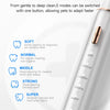 A close-up of an ultrasonic dental cleaner device showing five cleaning modes labeled soft, normal, middle, strong, and super