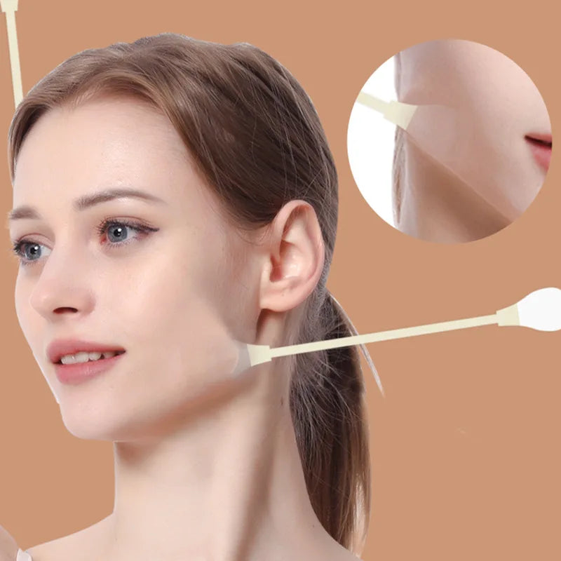 A woman is shown applying an invisible facial lifting tape for contouring to her face.