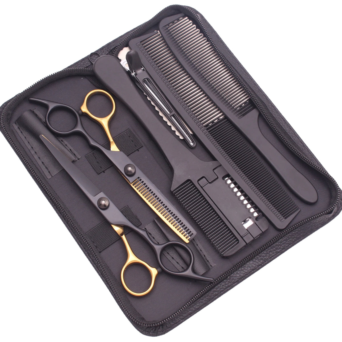 A black case containing professional stainless steel hairdressing scissors and combs.