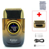 A Kemei KM-T228 professional cordless electric shaver shown with accessories.
