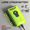 A lime green BRDCLIP large lithium battery with a USB-Type-C charging interface and power specifications.