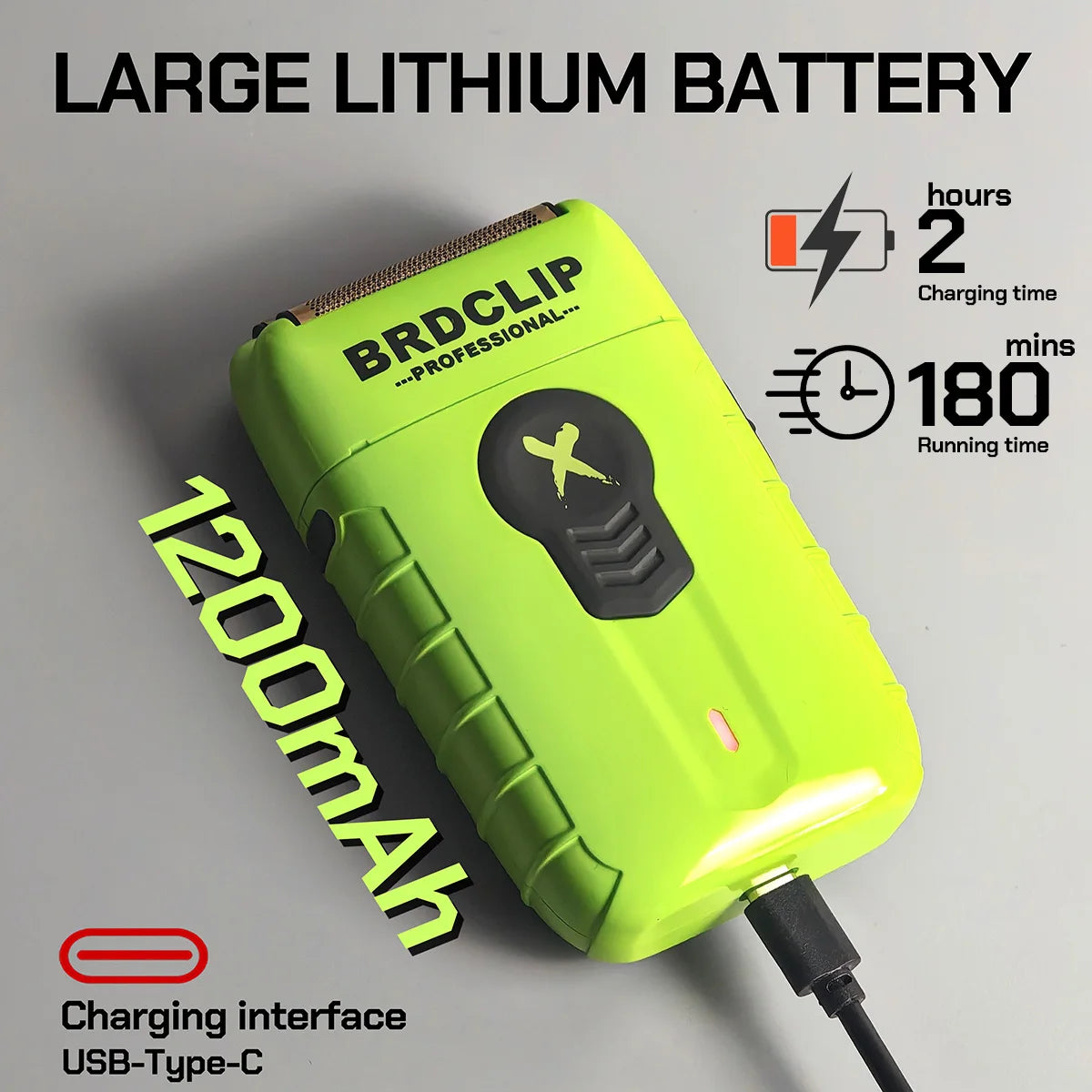 A lime green BRDCLIP large lithium battery with a USB-Type-C charging interface and power specifications.