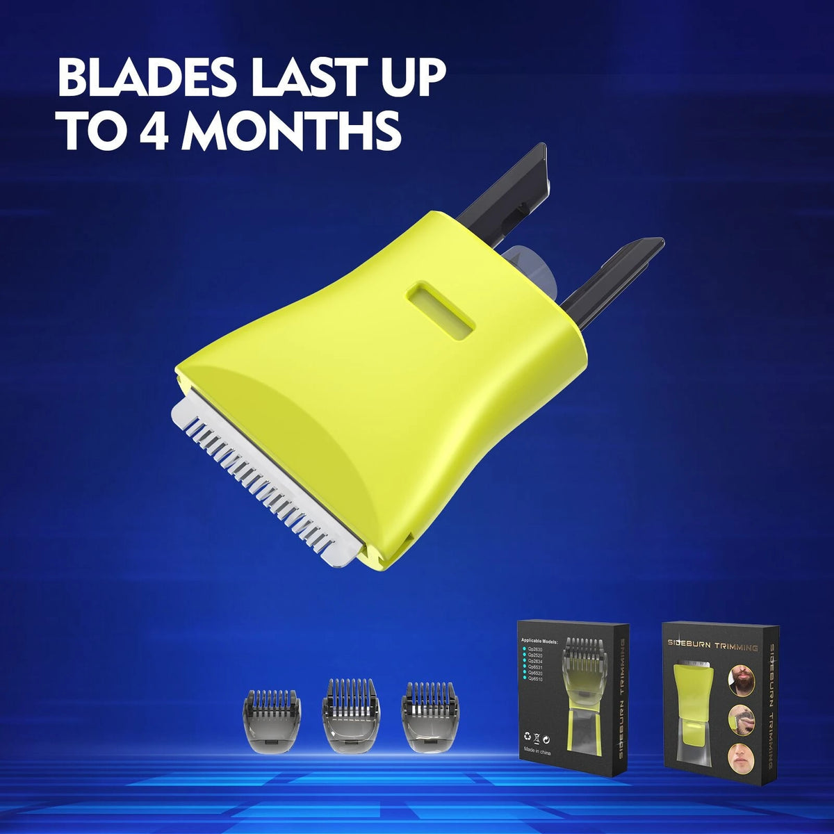 A yellow multi-head body and beard trimmer shaver is shown with several interchangeable heads below it.