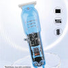 A blue rechargeable hair trimmer with an LCD digital display is shown on a clear surface.