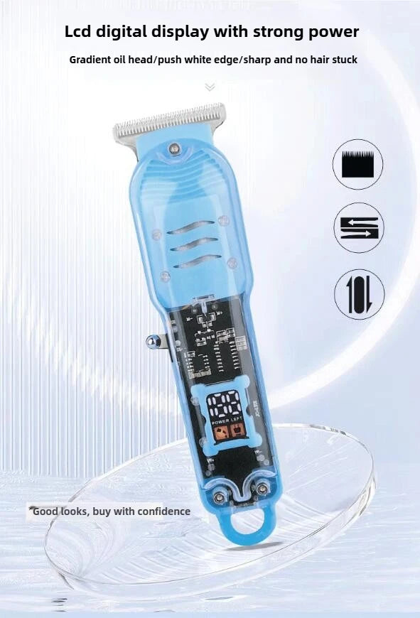 A blue rechargeable hair trimmer with an LCD digital display is shown on a clear surface.