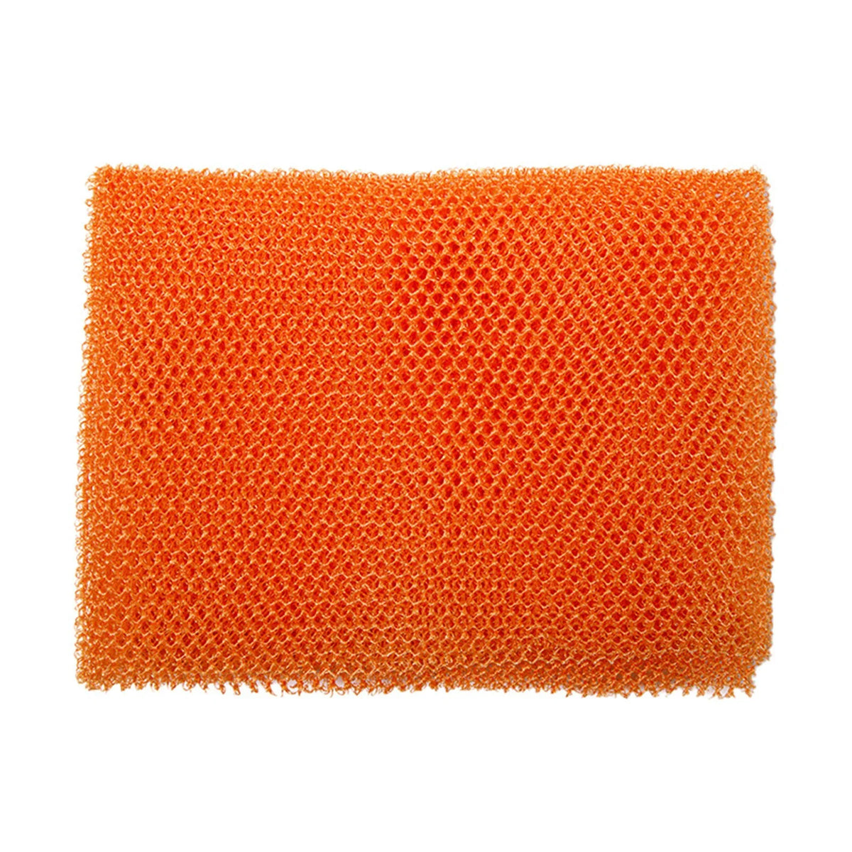 A rectangular block of orange exfoliating mesh body scrub sponges.