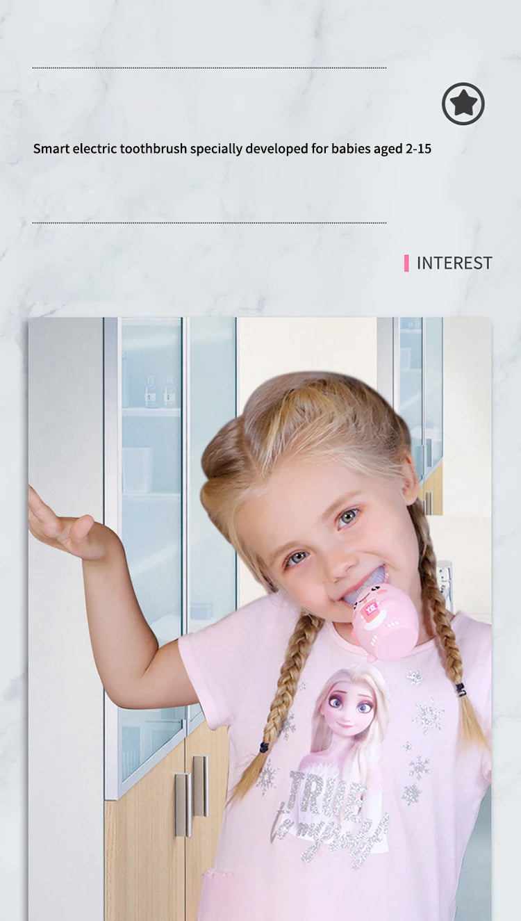 A smiling young girl is holding a pink electric toothbrush designed for babies aged 2-15.