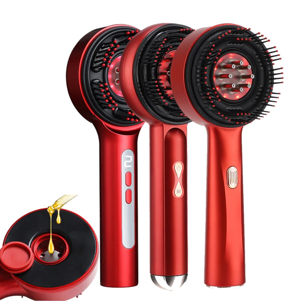 Three red electric scalp massage combs with multi-light technology shown next to a red base.