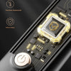 Close-up of a black hair styling tool featuring an intelligent temperature control chip and precision thermostat.