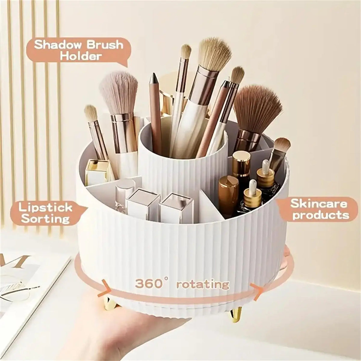 A white 360 degree rotating makeup organizer holding various brushes and skincare products.