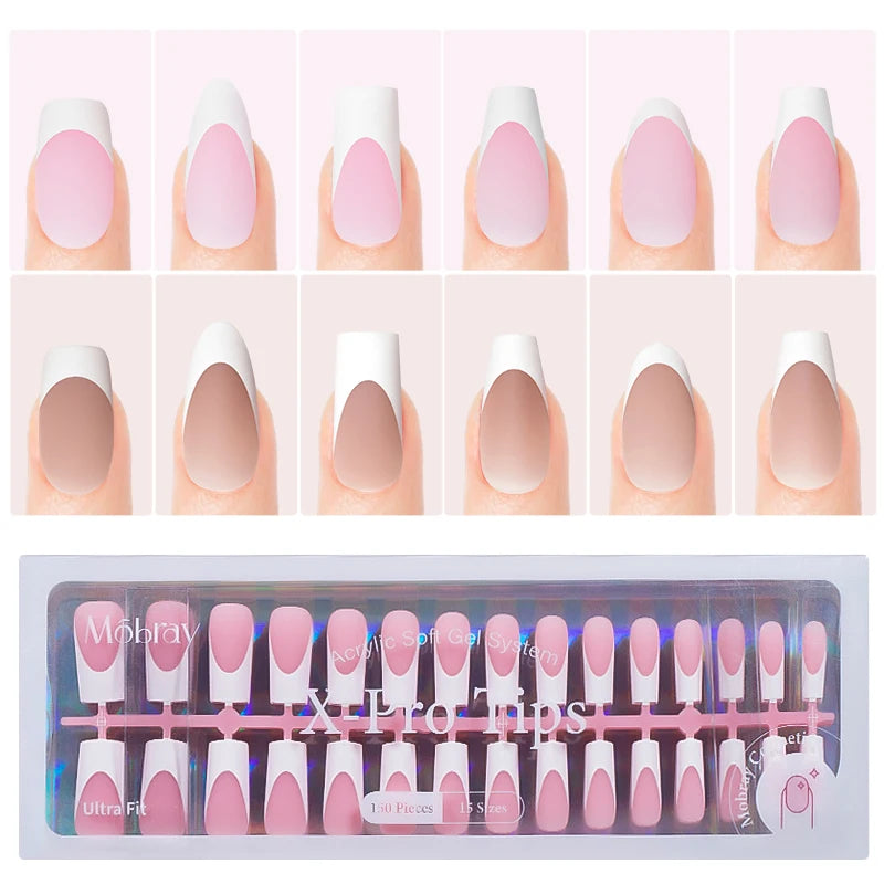 A set of luxury nude pink ballet length false fingernails in various shades and finishes.