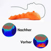 Orange neck and shoulder traction massager shown with diagrams illustrating nachher and vorher views