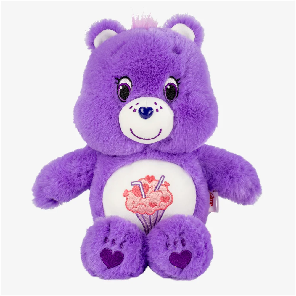 A purple Classic Care Bears plush stuffed animal doll with a pink nose and a white belly patch.