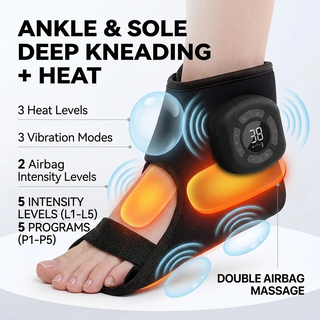 Black pneumatic ankle and sole kneading massager with heat, vibration modes, intensity levels, and double airbag massage