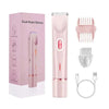 A pink dual-head electric body shaver set including the shaver, a guard, and a charging cable.