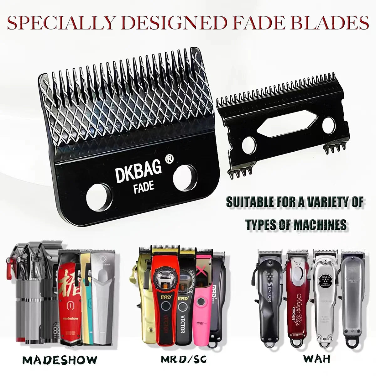 A collection of specially designed fade blades from MadeShow, MRD/SC, and WAH brands.
