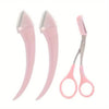 A pair of pink precision eyebrow trimmer scissors and a grooming tool.