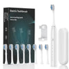 A set of white electric toothbrushes, including a handle and multiple brush heads, displayed against a dark background.