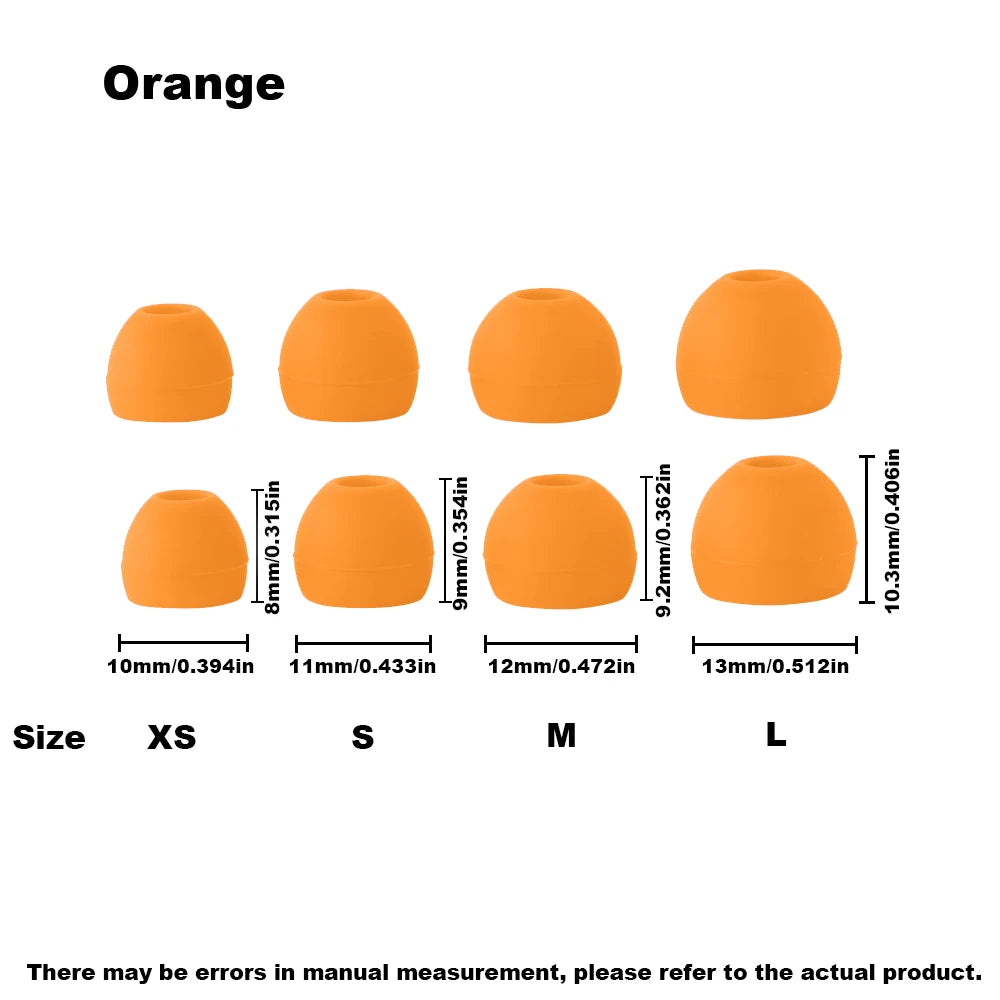 Orange silicone earplugs in various sizes XS to L shown side by side