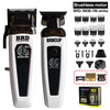 A white cordless brushless hair clipper and battery kit with various attachments shown on a stand.