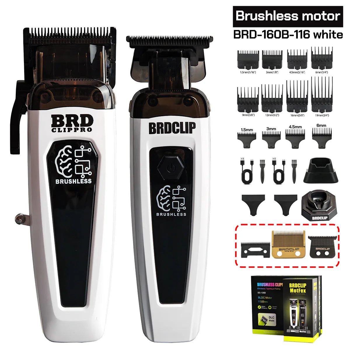A white cordless brushless hair clipper and battery kit with various attachments shown on a stand.