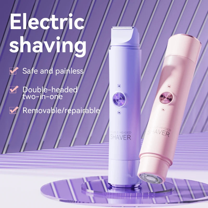 A purple and pink double-headed electric shaver is shown on a reflective surface.