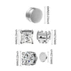Silver crystal magnetic stud earrings for men shown in various angles and sizes