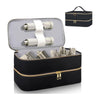 A black PU leather storage bag with a lid, holding two hair dryers and several combs.