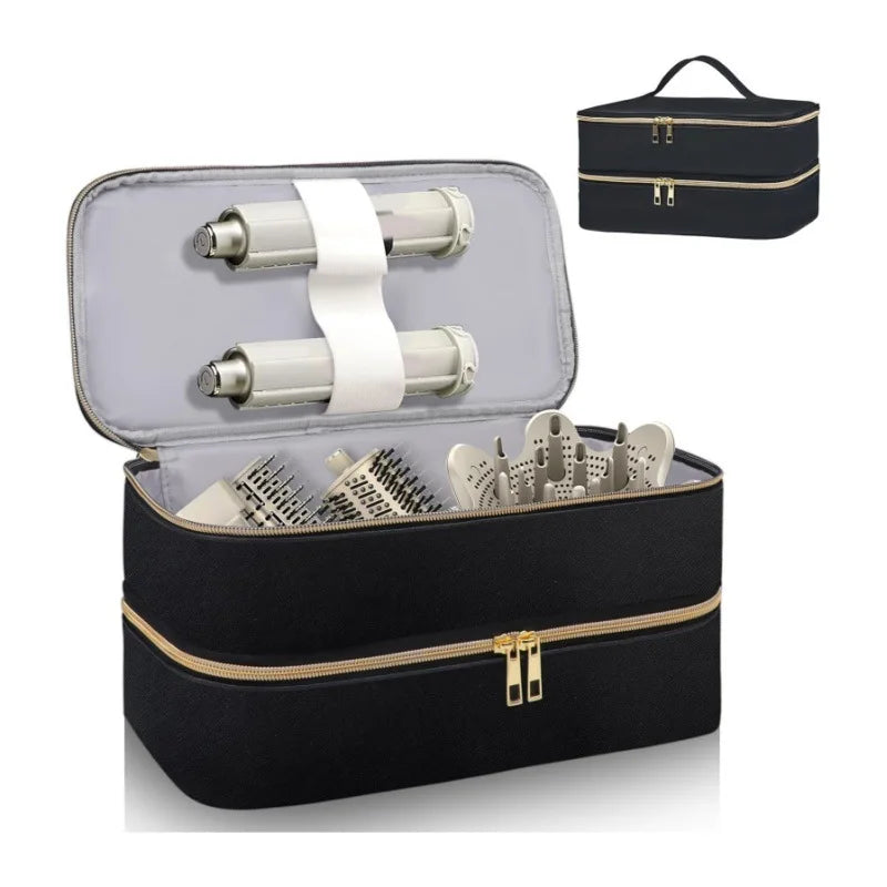 A black PU leather storage bag with a lid, holding two hair dryers and several combs.