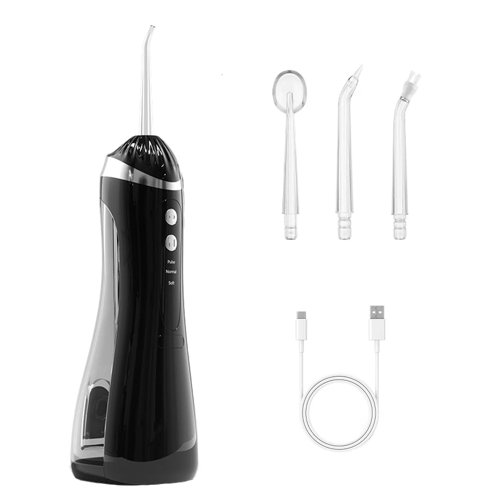A black portable rechargeable oral irrigator with a detachable tip and cleaning tool.