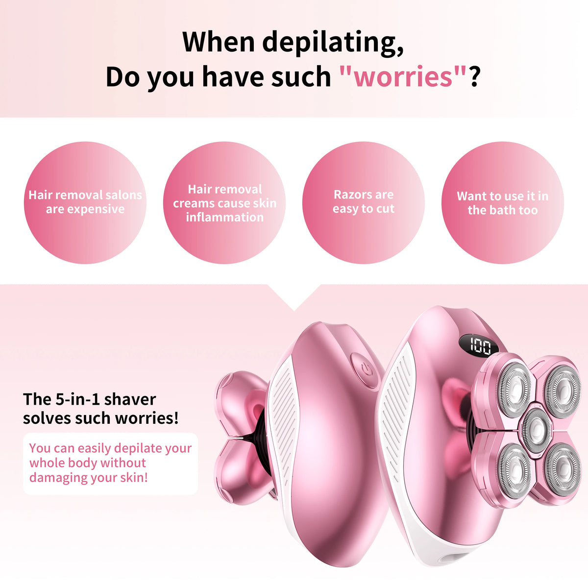 A pink 5-in-1 electric shaver is shown, demonstrating its use for body hair removal.