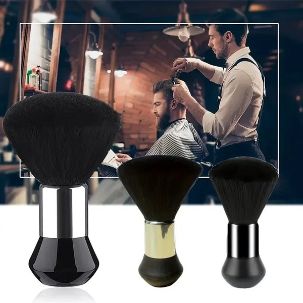 Three professional black hairbrushes are displayed in front of a blurred background showing a man grooming.