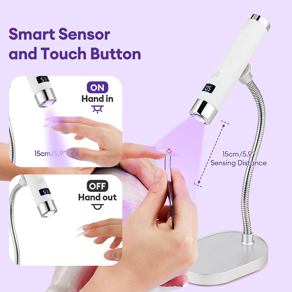 A white smart sensor and touch button device is shown illuminating a finger for gel nail curing.