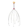 Stainless steel scalp massager with a wooden top and multiple thin metal strands for deep relaxation