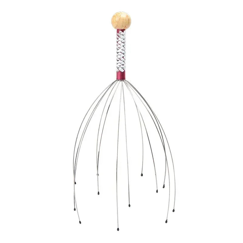 Stainless steel scalp massager with a wooden top and multiple thin metal strands for deep relaxation