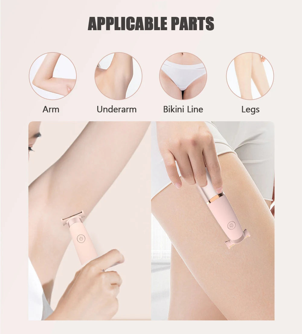 A portable electric hair shaver and epilator device is shown being used on the arm and leg.
