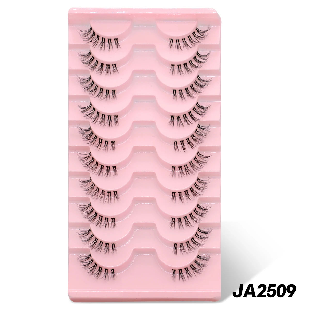 A pink plastic tray holding a set of clear band cat eye false eyelashes.
