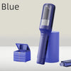 A blue automatic hair ends trimmer is shown next to its open case and a cylindrical container.