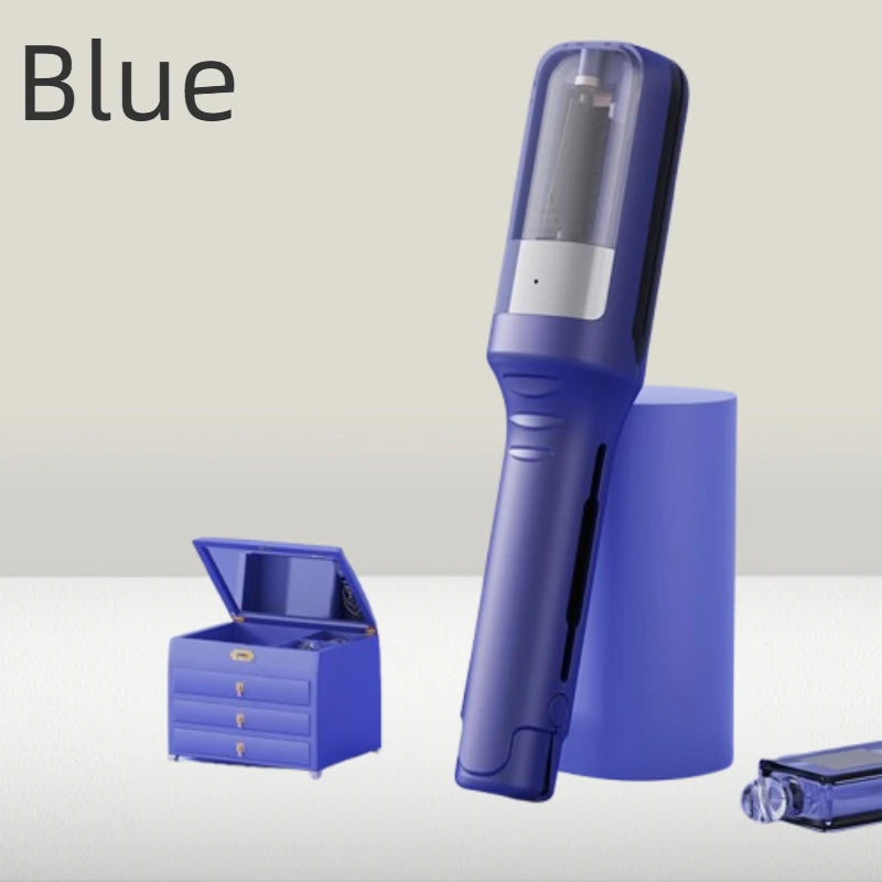 A blue automatic hair ends trimmer is shown next to its open case and a cylindrical container.