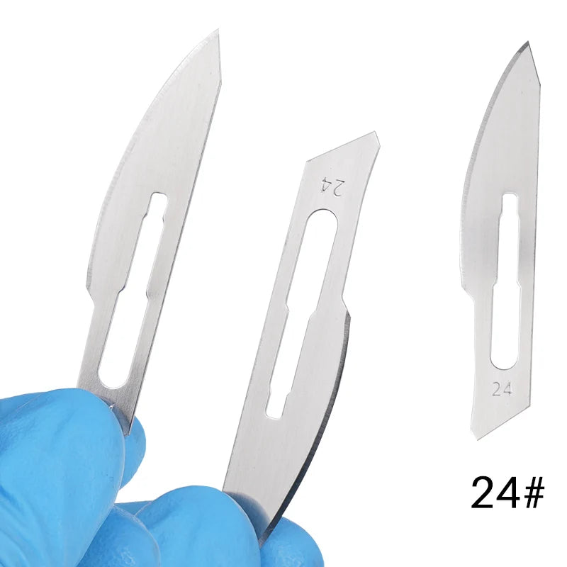 Une main tient une lame chirurgicale en acier au carbone jetable avec une ouverture de calibre 24.