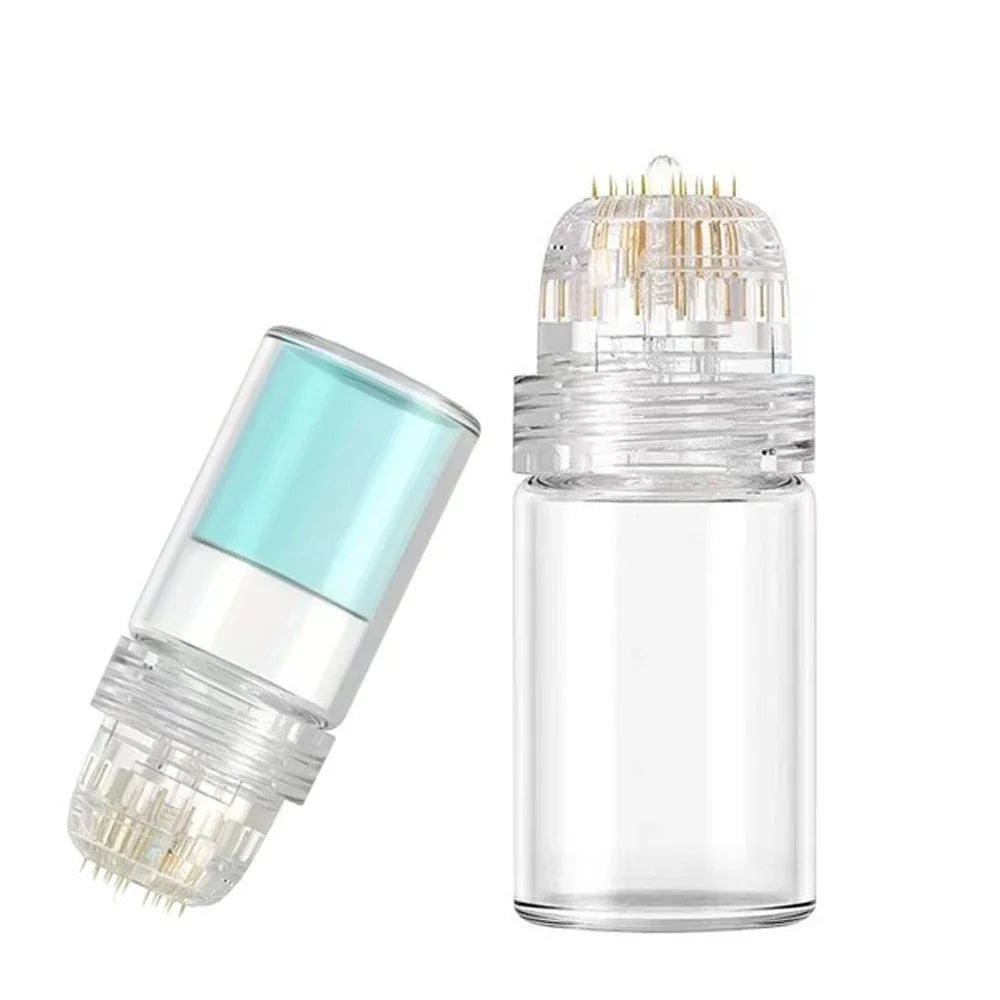 A clear glass bottle and a corresponding microneedling stamp applicator set.
