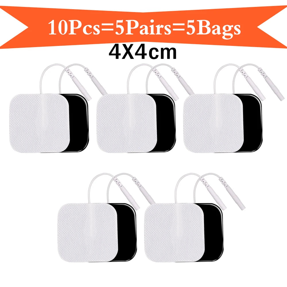 Dix paires de électrodes réutilisables en non-tissé blanc et noir pour la stimulation musculaire, chacune mesurant 4x4 cm.