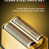 Close-up of a gold-colored electric hair and beard trimmer net tool.