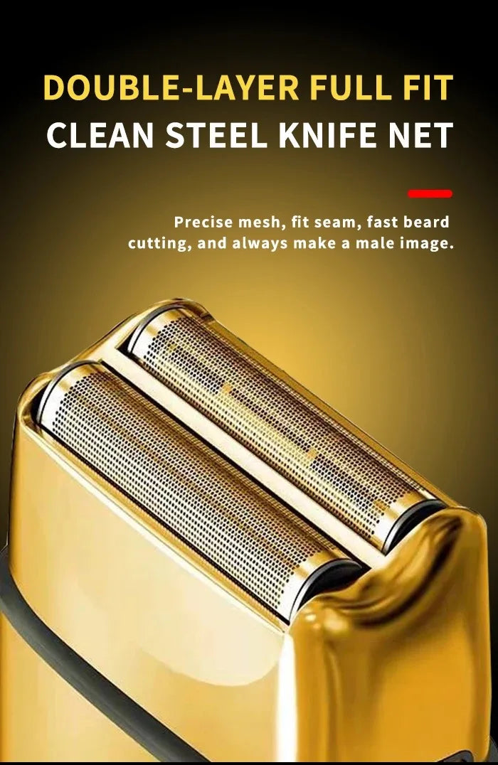 Close-up of a gold-colored electric hair and beard trimmer net tool.