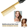 A gold-colored multifunctional hair comb and straightener tool shown next to a woman's face.